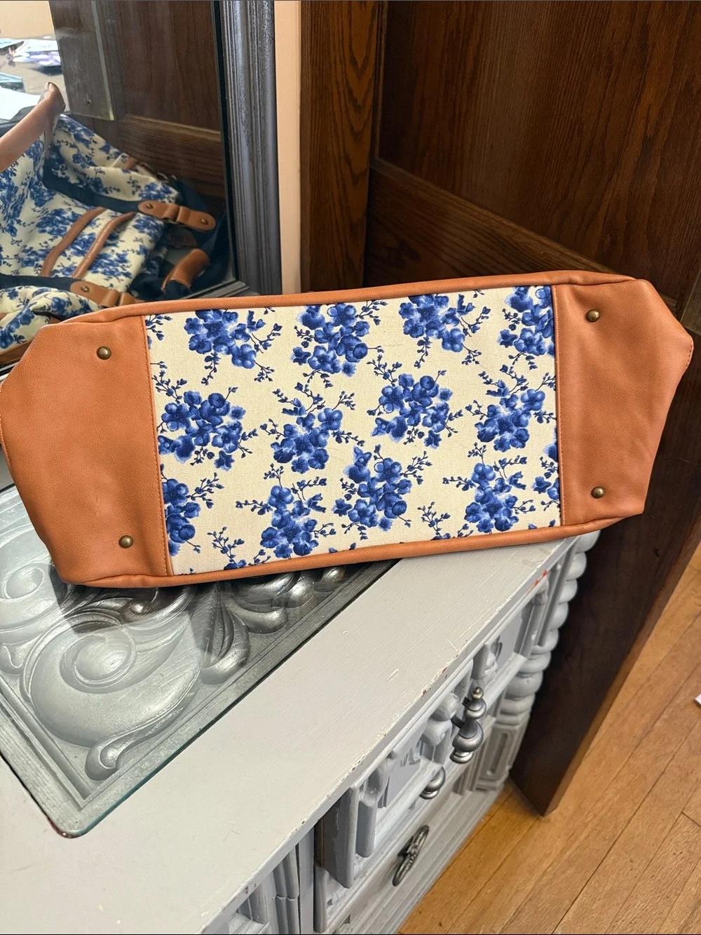 Mossimo Supply Co Blue Toile Floral Canvas Duffel Bag Tote with Tan Trim - Picture 2 of 7